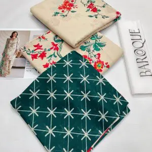 Baroque – Off-White Embroidered Lawn Suit with Green Floral Voil Dupatta (2)