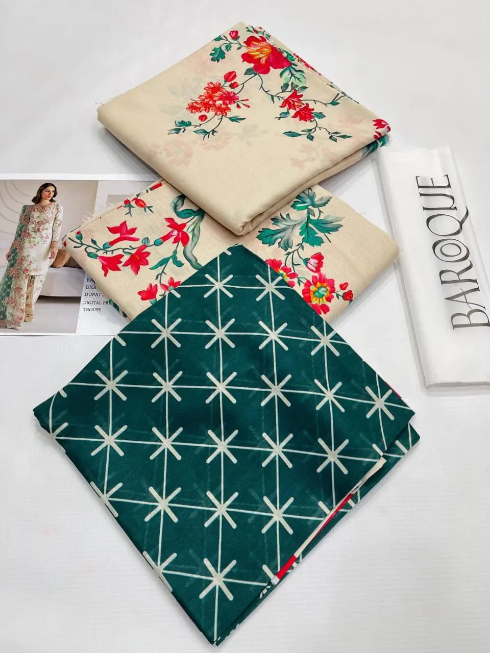 Baroque – Off-White Embroidered Lawn Suit with Green Floral Voil Dupatta (2)