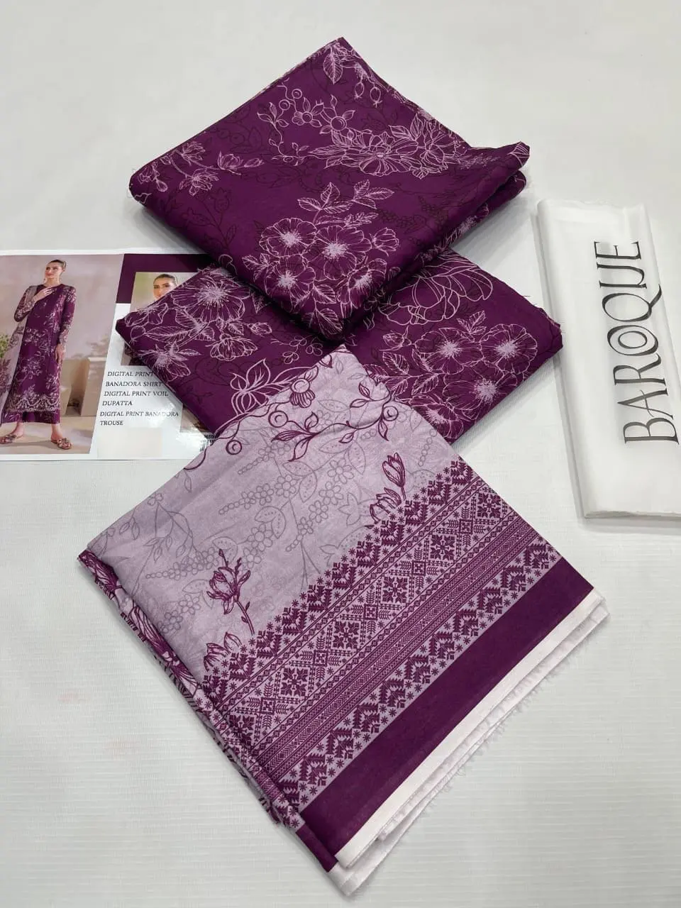 Baroque Unstitched Plum Digital Printed 3 Piece Lawn Suit - Image 2