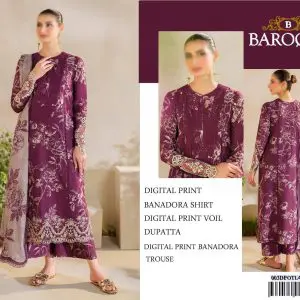 Baroque model in digital printed plum Banadora shirt and voile dupatta