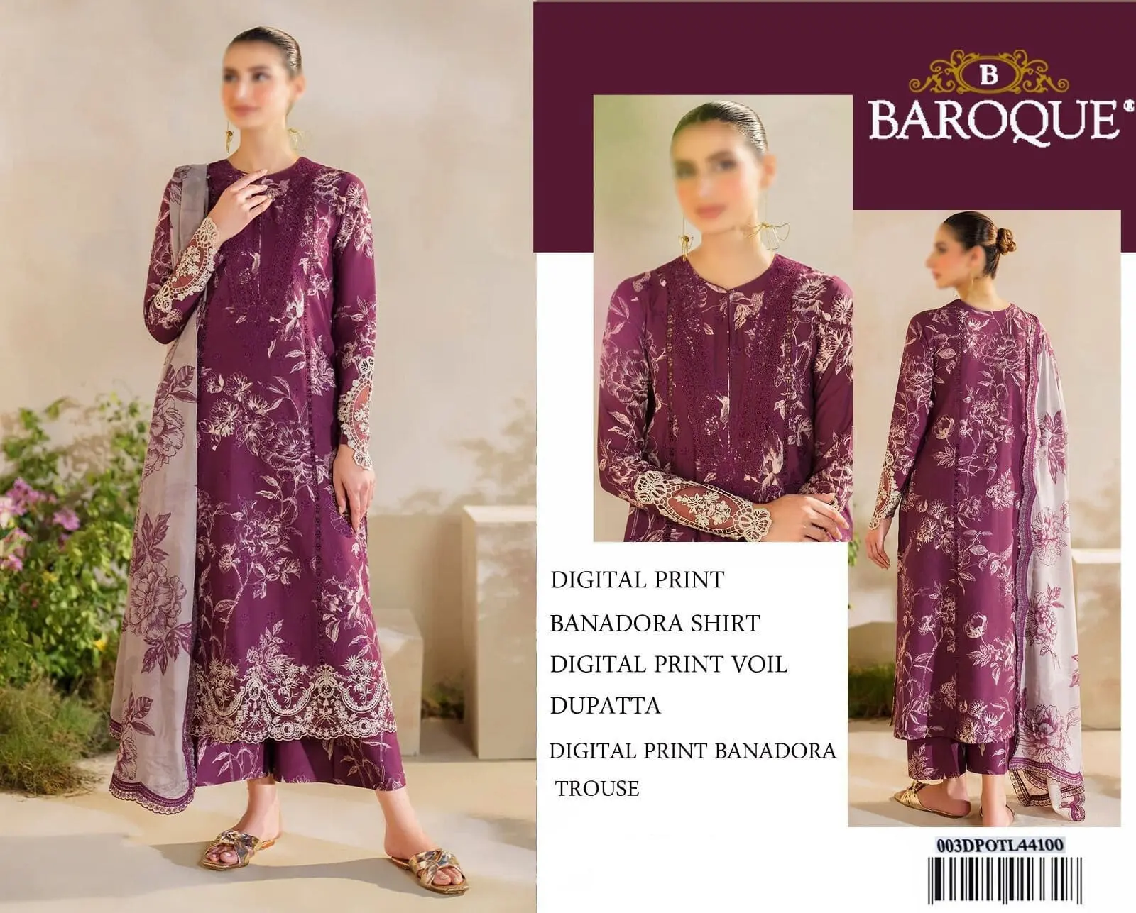 Baroque model in digital printed plum Banadora shirt and voile dupatta