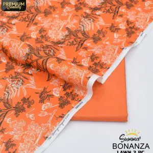 Bonanza 2 Piece Unstitched Lawn Suit in Orange with White and Brown Floral Print – Summer Lawn Fabric for Women