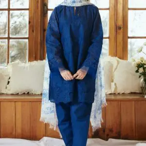 Full front view of COCO by Zara.J 3pc embroidered lawn suit in royal blue with floral Tarkashi dupatta.
