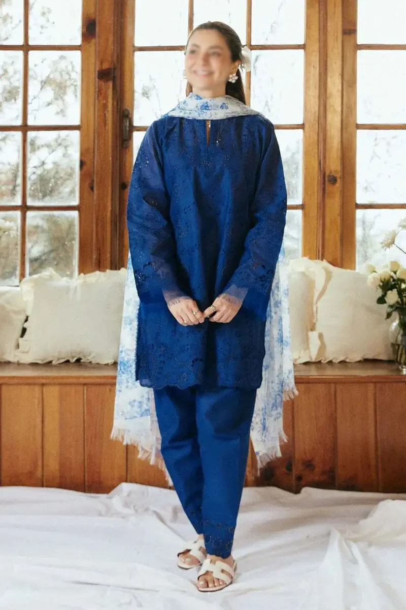 Full front view of COCO by Zara.J 3pc embroidered lawn suit in royal blue with floral Tarkashi dupatta.