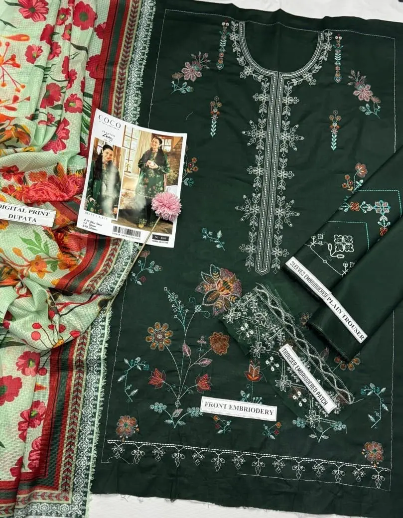 Zara Shahjahan Unstitched Green Embroidered 3 Piece Lawn Suit - Image 3