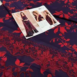Deep plum digital printed lawn fabric with red floral design and organza embroidery patches by Asifa & Nabeel