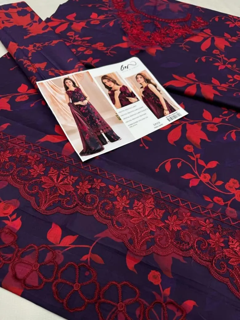 Deep plum digital printed lawn fabric with red floral design and organza embroidery patches by Asifa & Nabeel