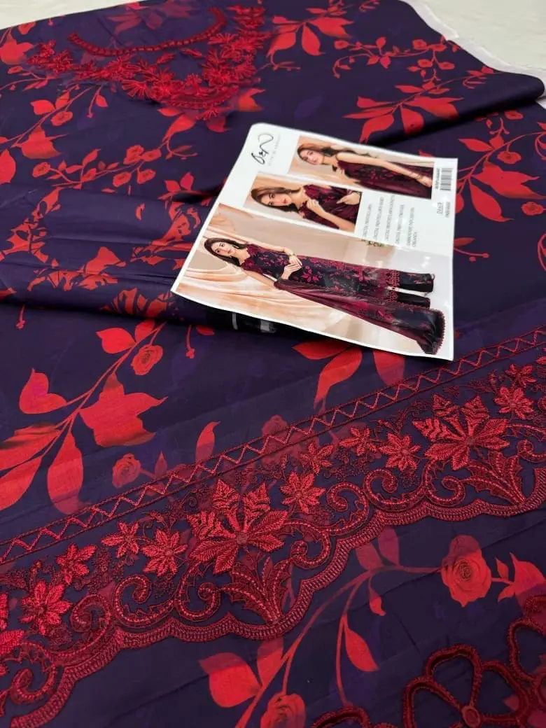 Asifa & Nabeel designer lawn suit shown with catalog and detailed embroidery close-up on plum fabric