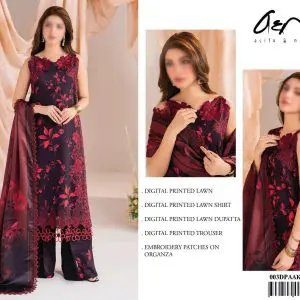 Asifa & Nabeel plum embroidered lawn suit worn by model with matching dupatta and printed trouser