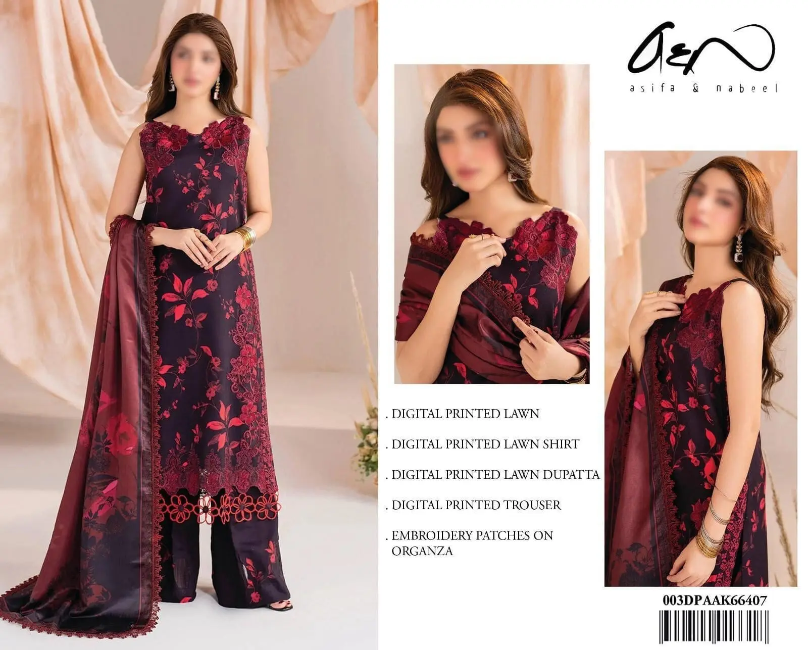Asifa & Nabeel plum embroidered lawn suit worn by model with matching dupatta and printed trouser