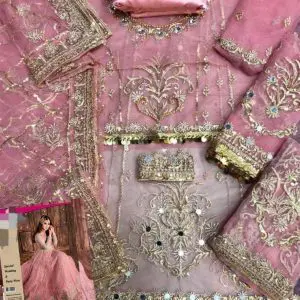 Detailed view of blush net fabric with sequence embroidery and lace finishing