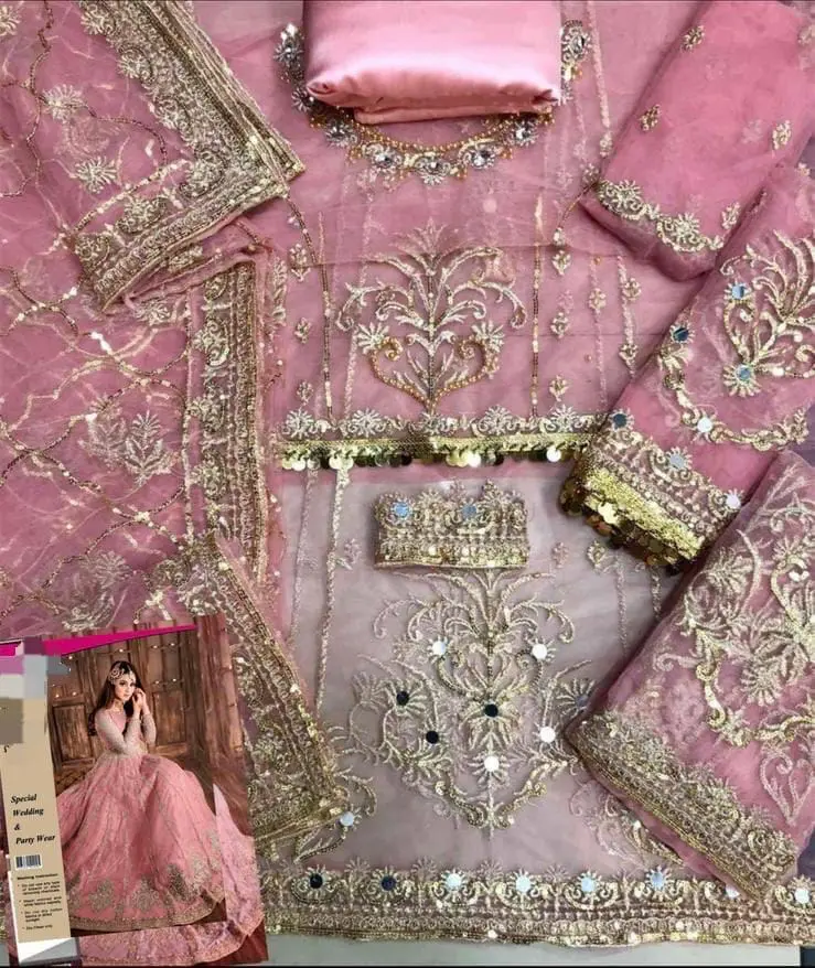 Detailed view of blush net fabric with sequence embroidery and lace finishing