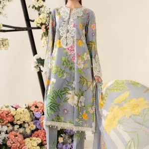 Maria B embroidered 3 piece lawn suit with chiffon dupatta in pastel shades