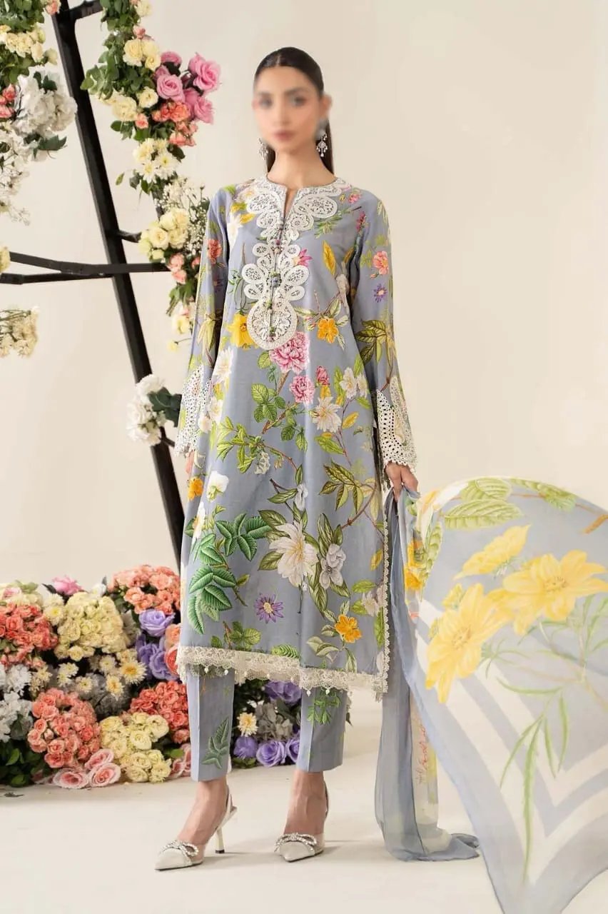 Maria B embroidered 3 piece lawn suit with chiffon dupatta in pastel shades