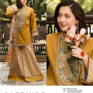Model wearing SAPPHIRE mustard lawn suit featuring intricate embroidery