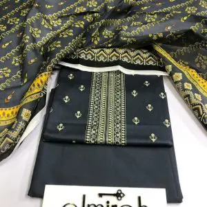 Almirah Design 01 – Black Printed Lawn Suit with Voil Dupatta and Dyed Trousers