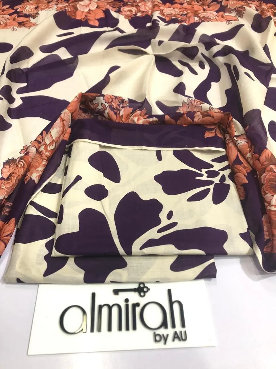 Almirah Design 03 – Cream Printed Lawn Suit with Voil Dupatta and Dyed Trousers