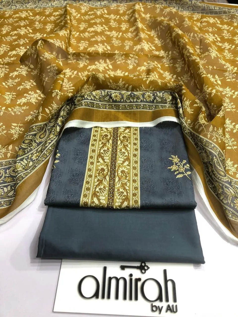 Almirah Design 05 – Dark Navy Blue Printed Lawn Suit with Voil Dupatta and Dyed Trousers