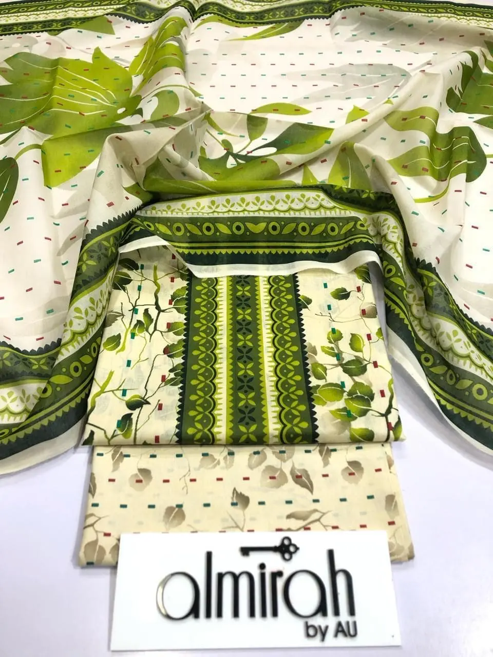 Almirah Design 08 – Mehandi Printed Lawn Suit with Voil Dupatta and Dyed Trousers