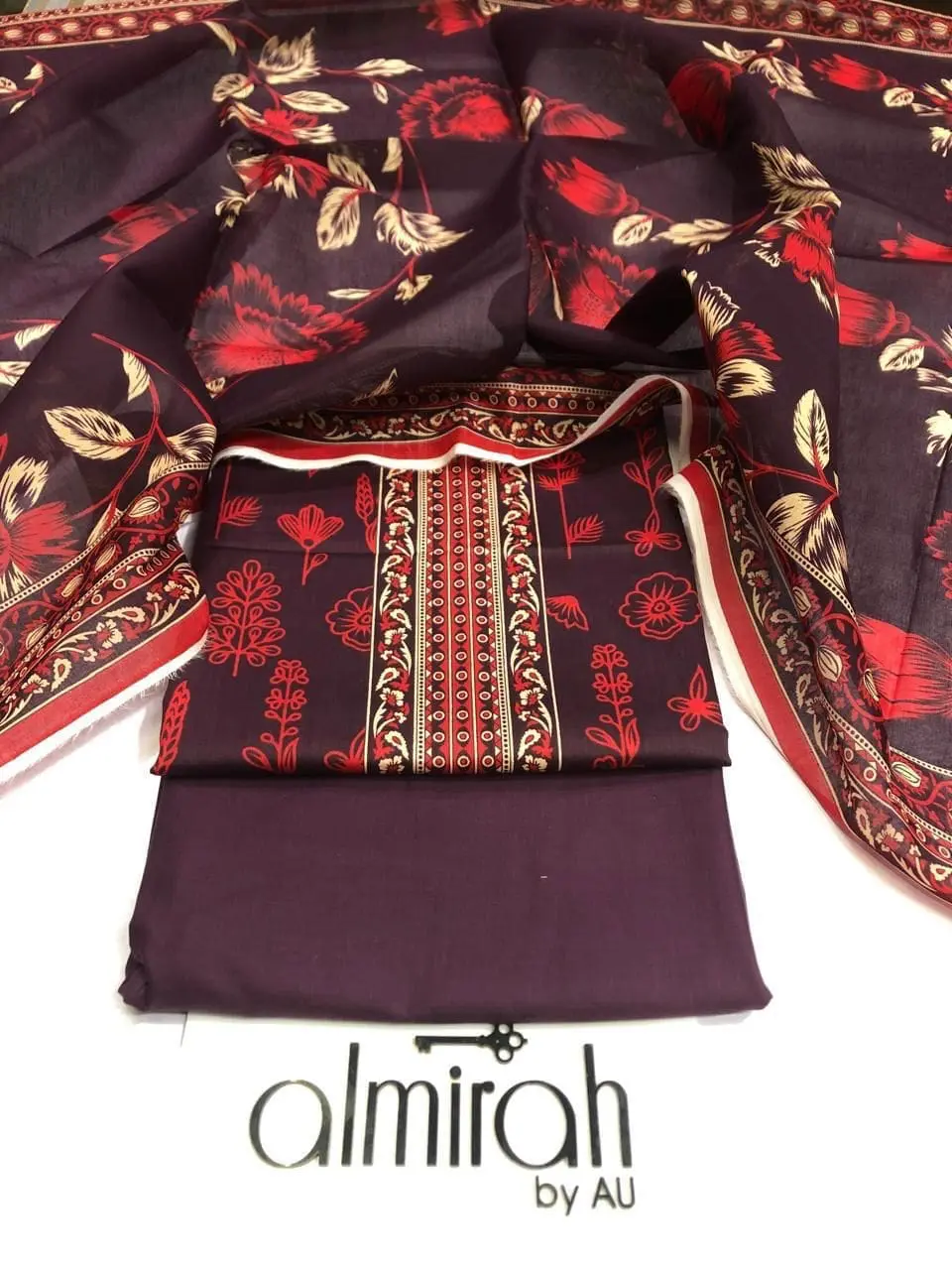 Almirah Design 09 – Mehroon Printed Lawn Suit with Voil Dupatta and Dyed Trousers