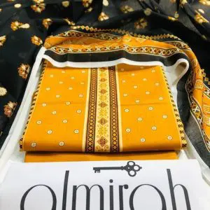 Almirah Design 10 – Mustard Printed Lawn Suit with Voil Dupatta and Dyed Trousers