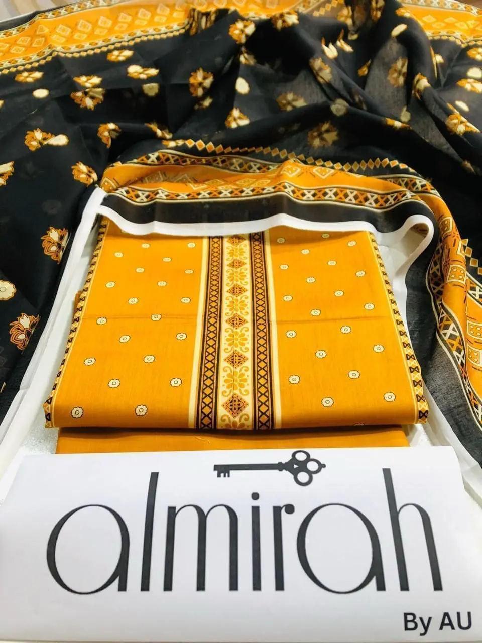 Almirah Design 10 – Mustard Printed Lawn Suit with Voil Dupatta and Dyed Trousers