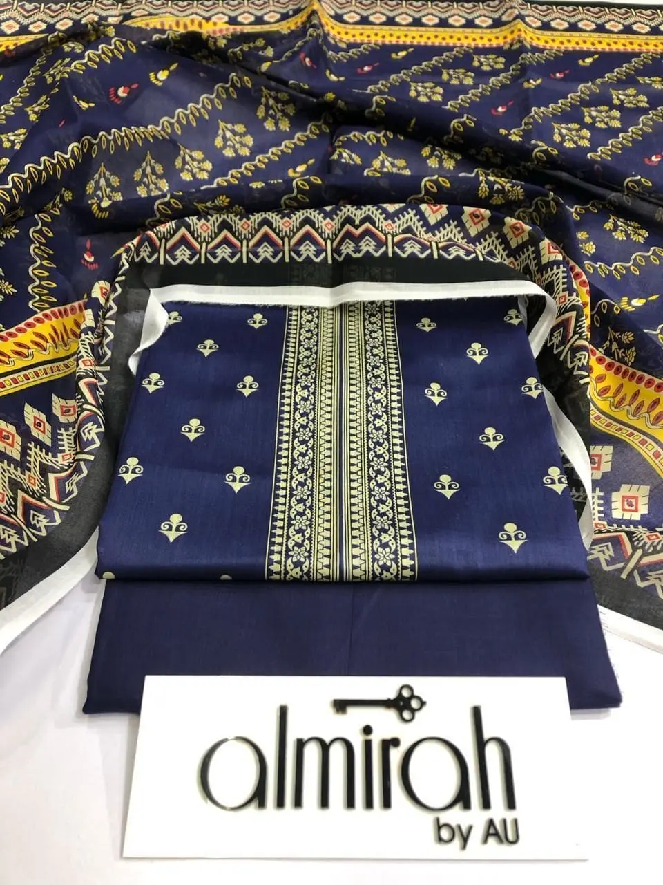 Almirah Design 11 – Navy Blue Printed Lawn Suit with Voil Dupatta and Dyed Trousers
