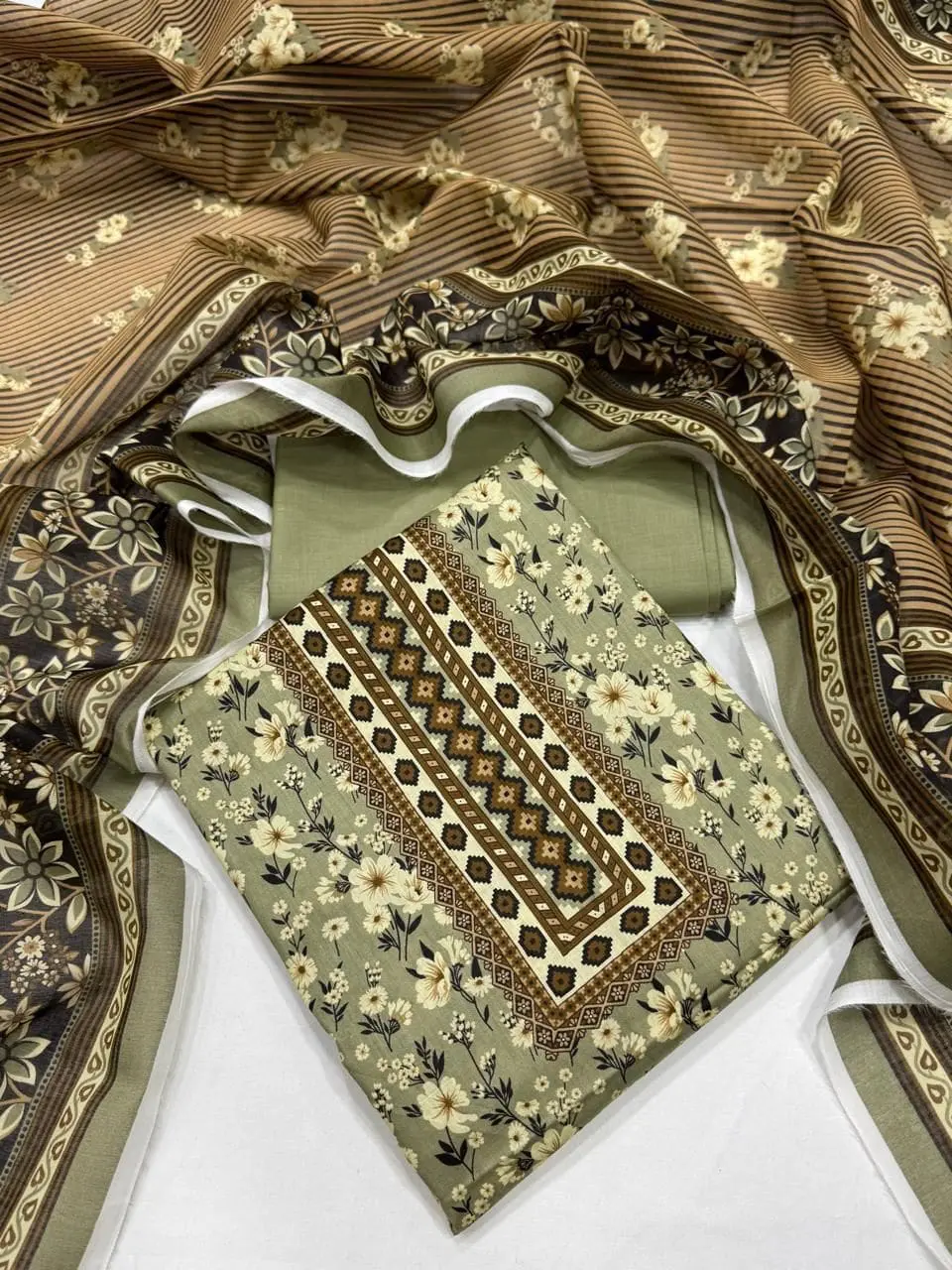 Almirah Design 13 – Olive Printed Lawn Suit with Voil Dupatta and Dyed Trousers