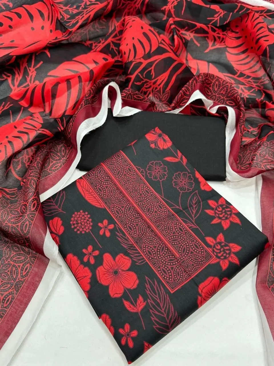 Almirah Design 16 – Red Printed Lawn Suit with Voil Dupatta and Dyed Trousers
