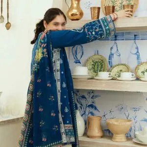 Model look back COCO by Zara.J blue embroidered lawn suit styled with Tarkashi printed dupatta – Summer 2025