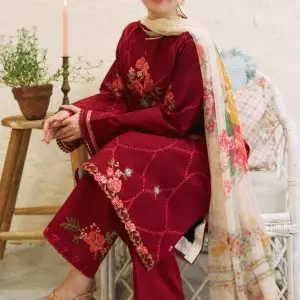 Model wearing COCO by Zara.J crimson red embroidered lawn suit with floral detailing and Tarkashi Stylish dupatta – Summer 2025