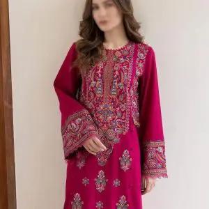 Front view of model holding unstitched red 2 piece airjet lawn red suit for summer
