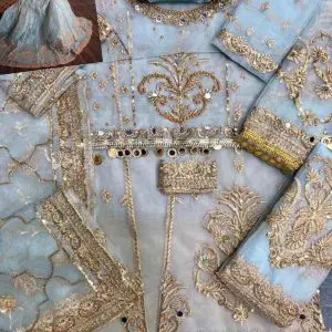 Hira Mani inspired blush sky blue net frock with embroidery and mirror work