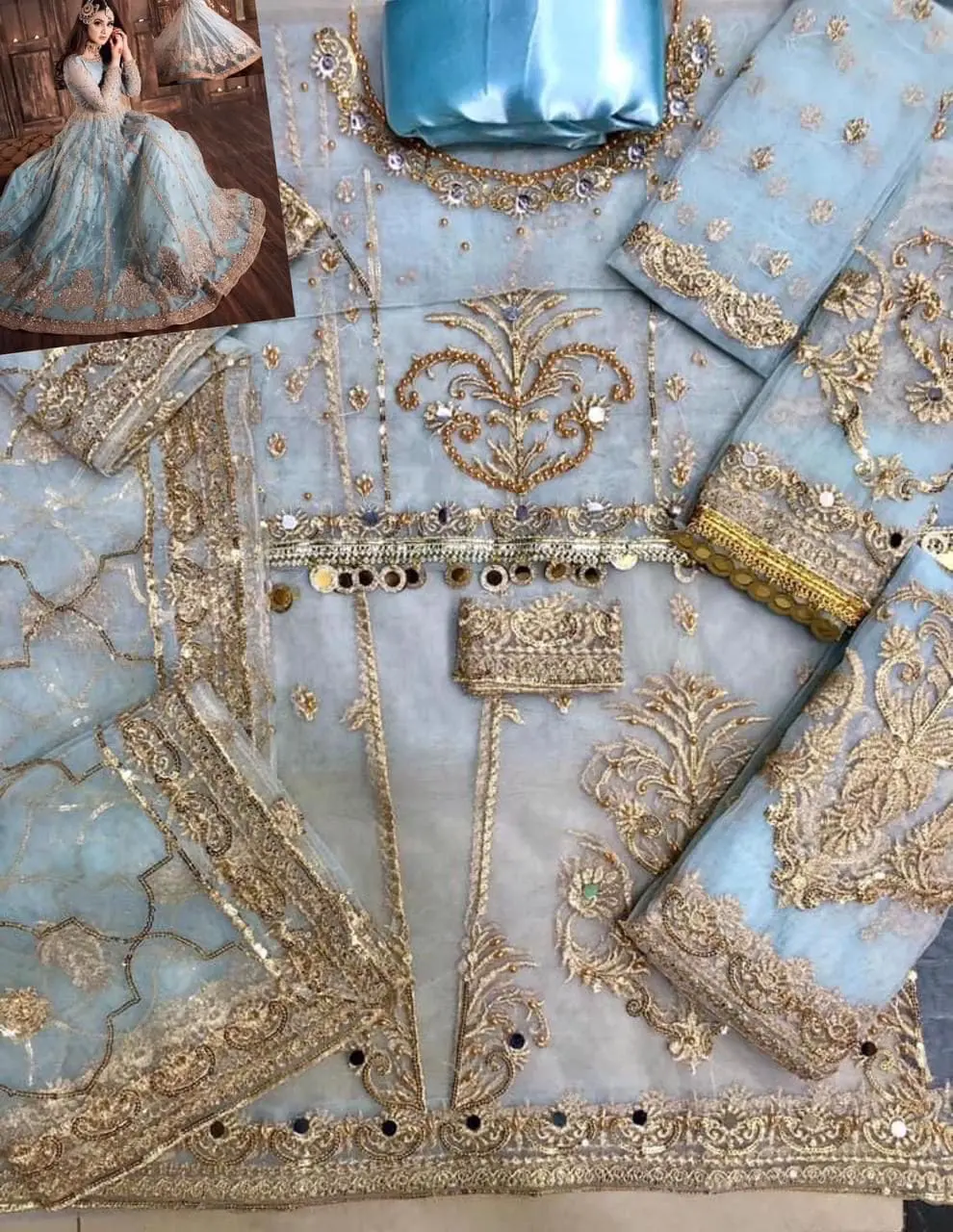 Hira Mani inspired blush sky blue net frock with embroidery and mirror work