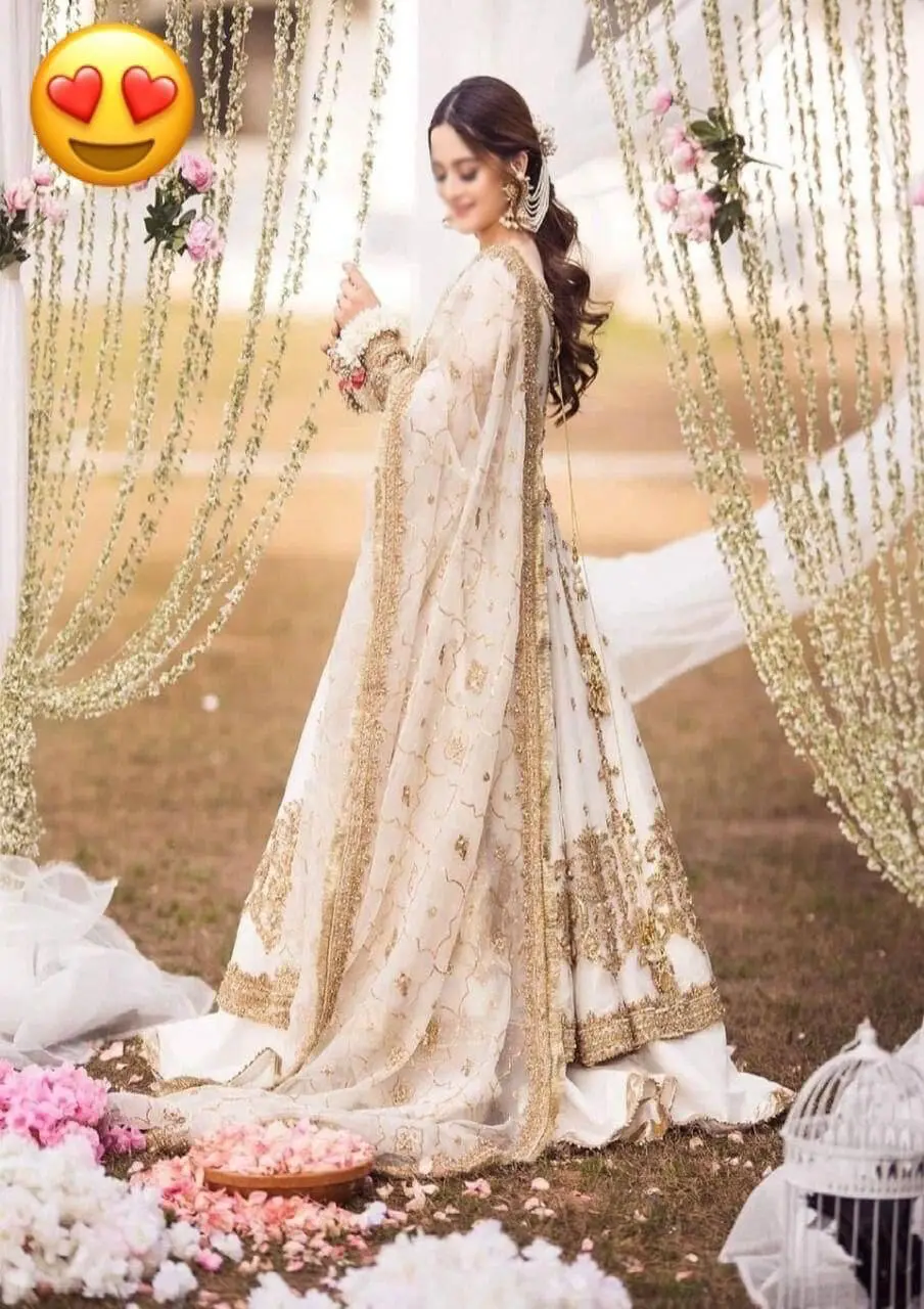 Back view of ivory bridal gown with embellished dupatta and golden border