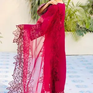 Model back look Qalamkar red embroidered 3-piece lawn suit with khaadi net dupatta – Summer Casual Collection 2025