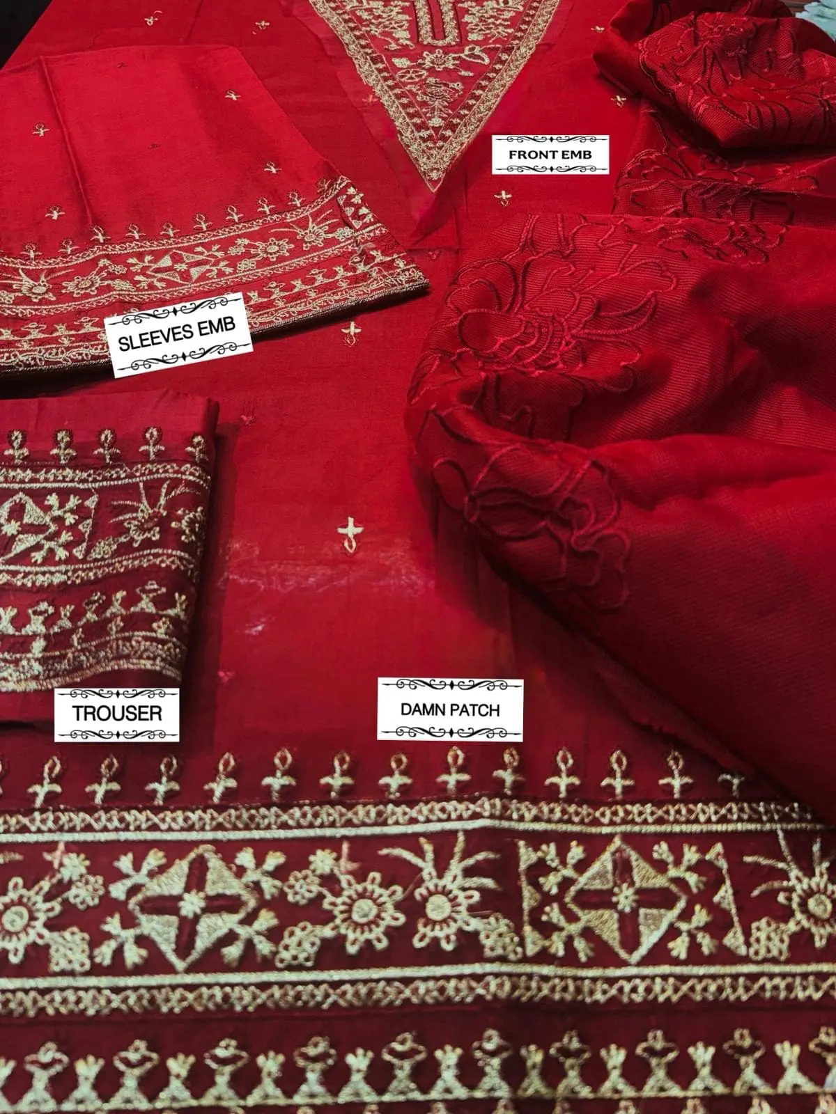 Qalamkar – Embroidered Unstitched Red Airjet Lawn Suit Net Dupatta - Image 4