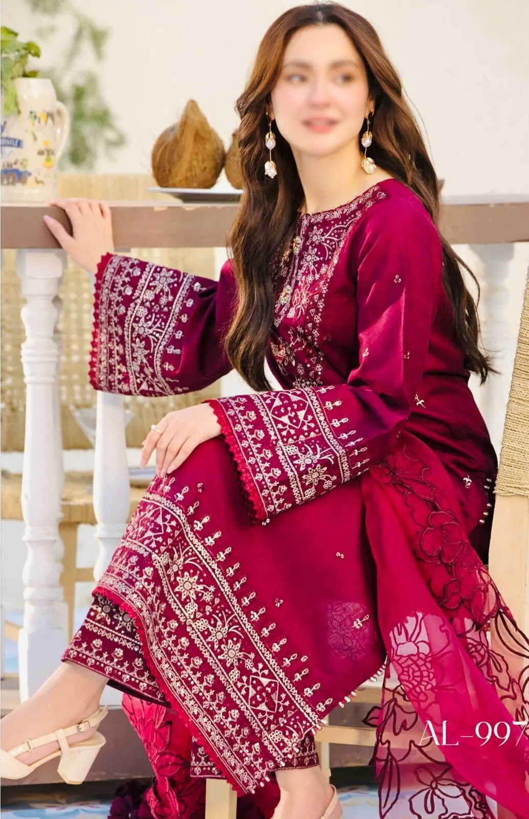 Qalamkar – Embroidered Unstitched Red Airjet Lawn Suit Net Dupatta - Image 3