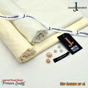 J. Junaid Jamshed Micro Fiber Boski Fabric in Pearl White and Boski Cream – 4 Meter