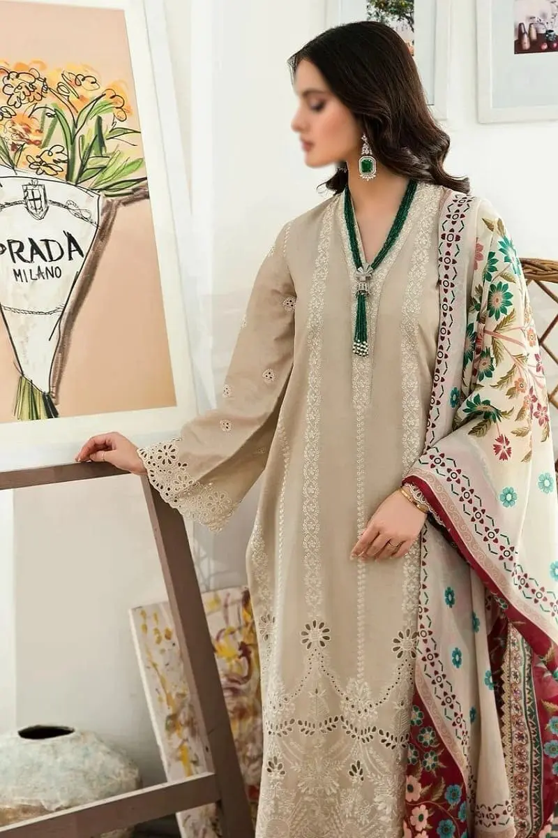 Maria B lawn shirt with full embroidery and digital dupatta Side Pose