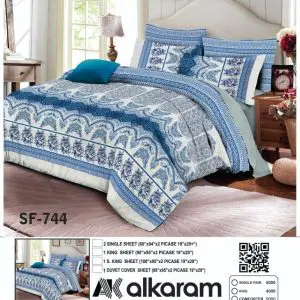 Alkaram blue king size bedsheet in premium cotton for double bed.