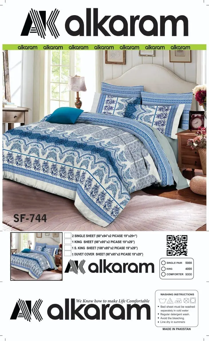 Alkaram blue king size bedsheet in premium cotton for double bed.