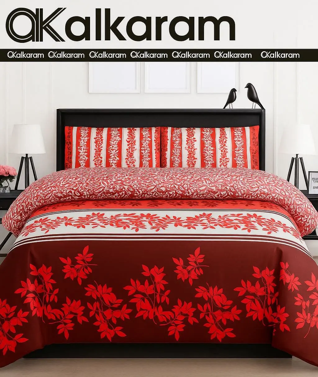Alkaram red cotton bed sheet set with floral print and matching pillow covers