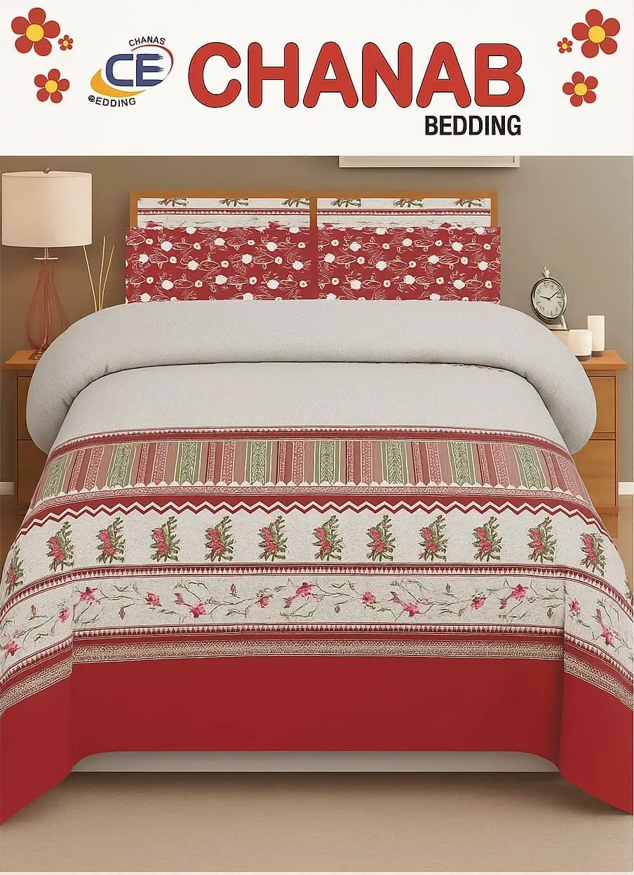 Chanab Bedding red floral cotton bed sheet set with pillow covers – traditional vine design on off-white background