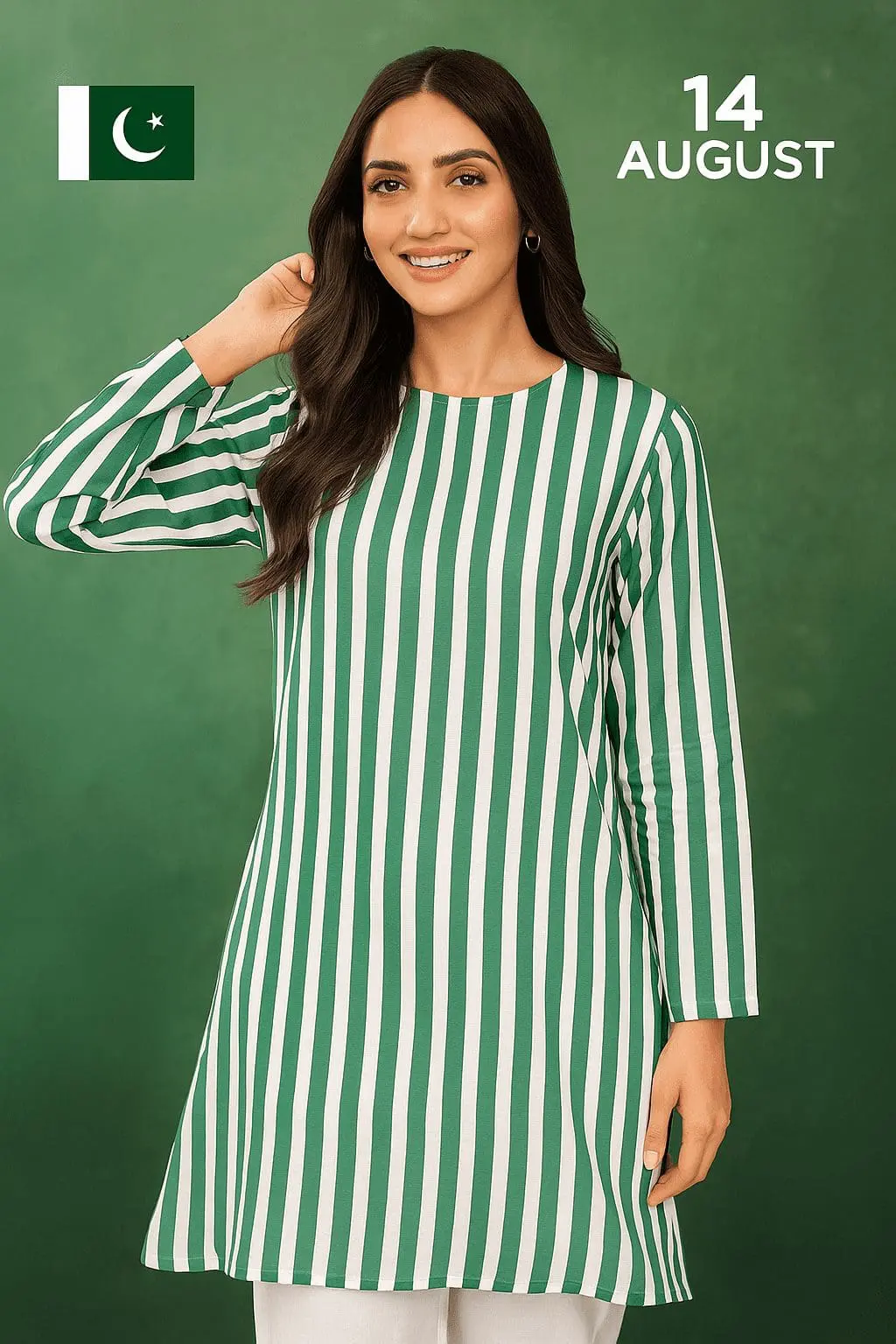 Pakistani model wearing a green and white striped 2-piece unstitched lawn suit for 14 August celebrations