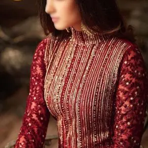 Close-up of model wearing embroidered chiffon maxi suit showing neckline and upper bodice details