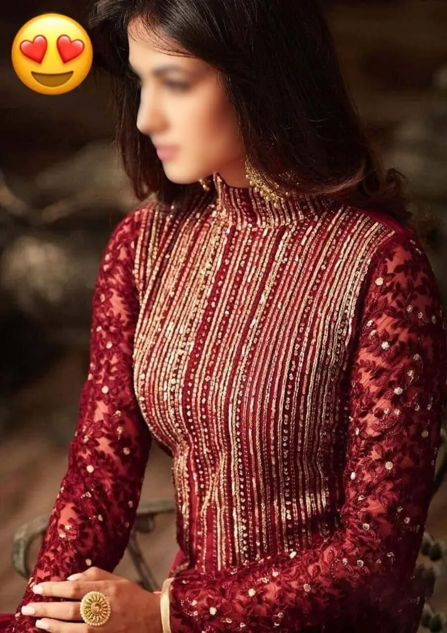 Close-up of model wearing embroidered chiffon maxi suit showing neckline and upper bodice details