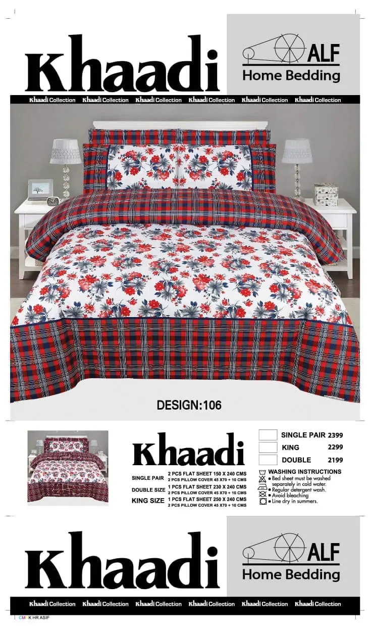 Khaadi 3-piece bed sheet set with red and grey floral print – Design #106