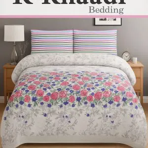 Khaadi Design 208 multicolor cotton bed sheet with red, pink, and blue floral print and striped pillow covers