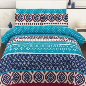 Khaadi multicolor 3-piece cotton bed sheet with pillow covers in blue, navy, and mehroon tones